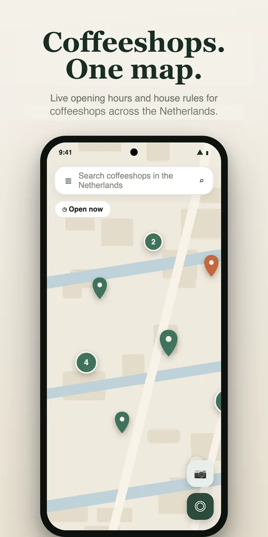 Map screen showing coffeeshop pins across a city with an Open now filter.