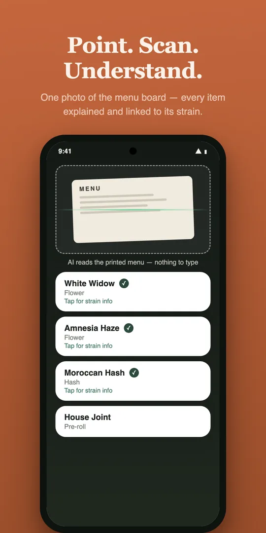 Menu scanner screen with a capture frame over a printed menu.