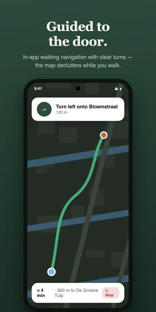 Walking navigation screen with a turn-by-turn direction card.